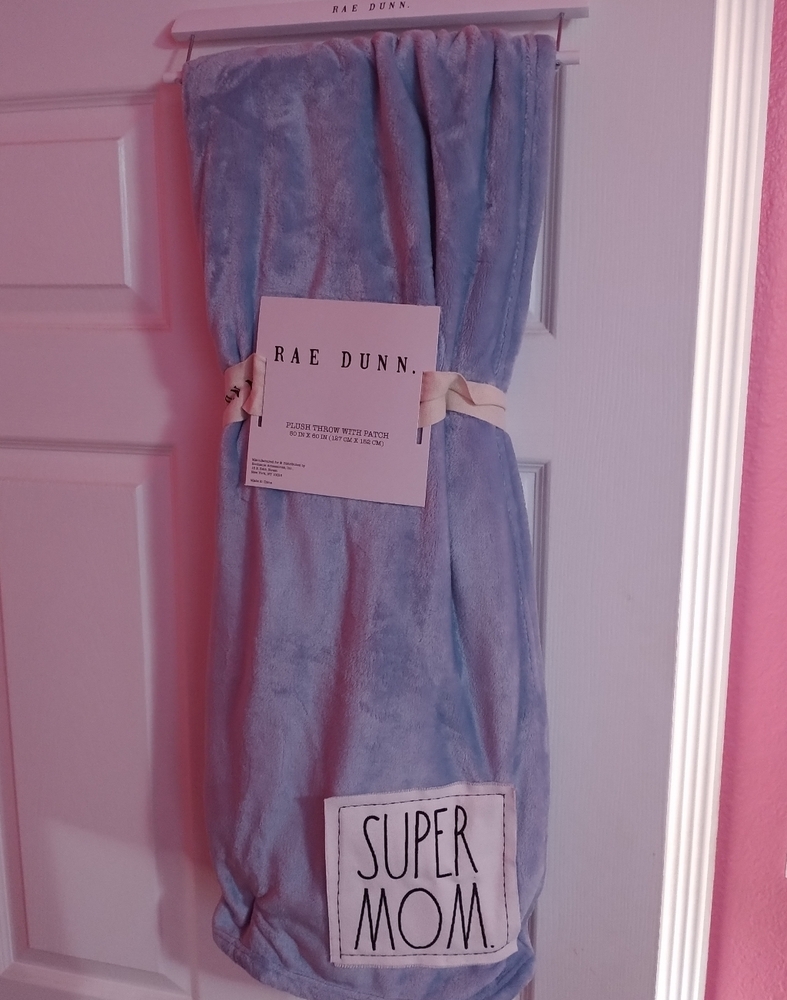 Rae Dunn "Super Mom" Soft Blue Throw